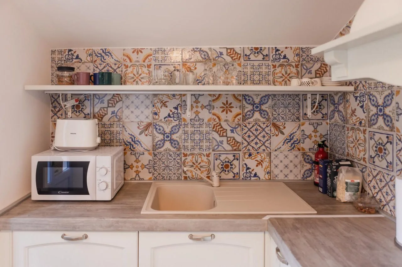 Kitchen sink, microwave and patterned tiles
